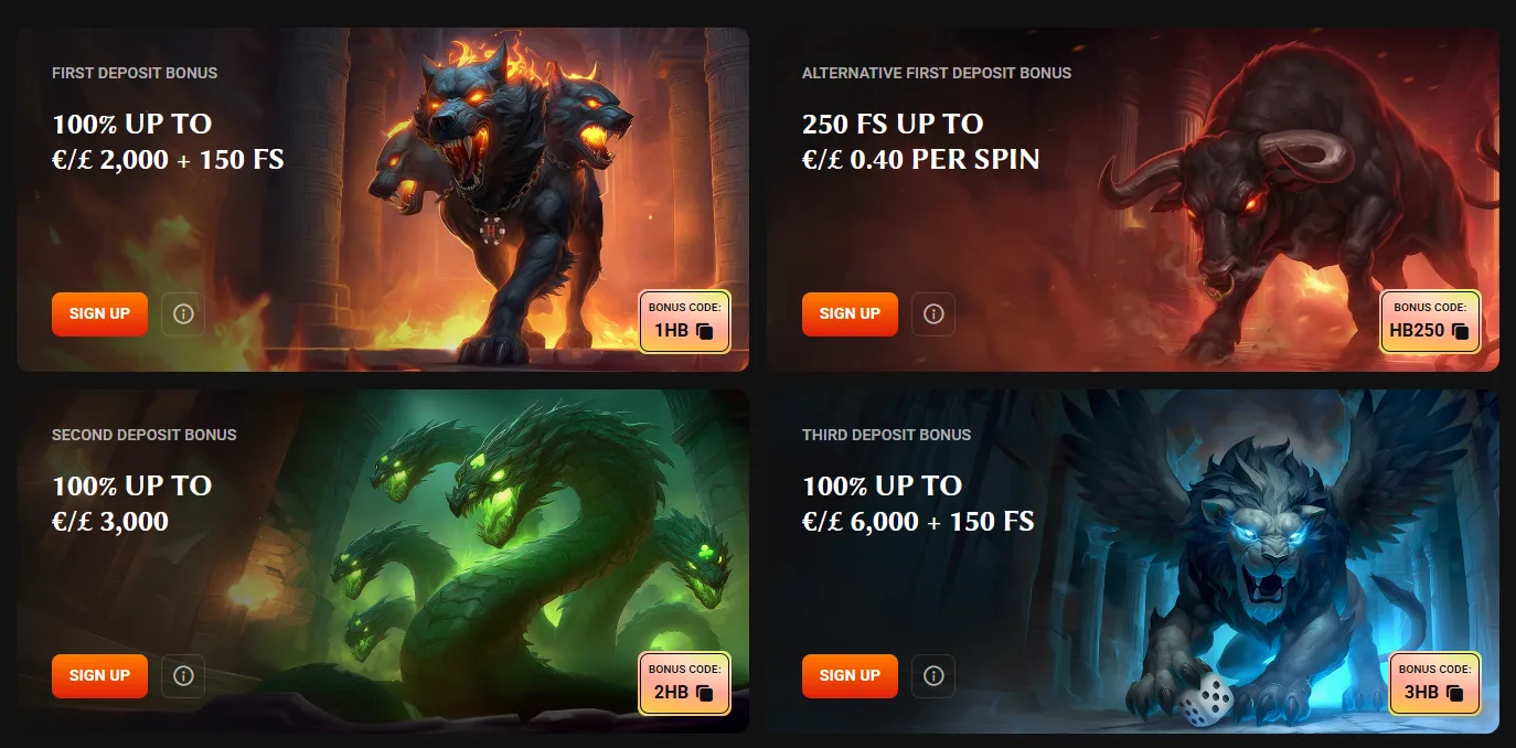 Hadesbet welcome package with first, second and third deposit bonuses