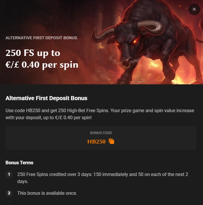 Hadesbet HB250 alternative first deposit bonus with 250 free spins