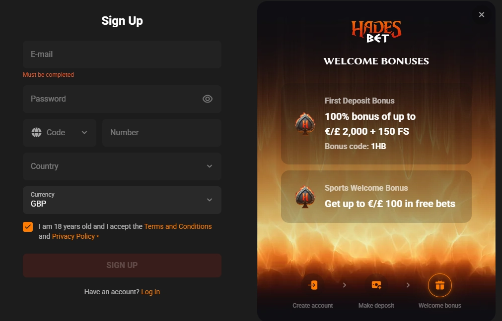 Hadesbet sign up form with account details and welcome bonus