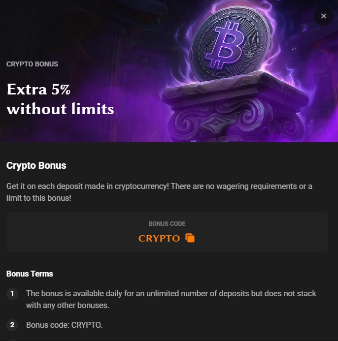 Hadesbet crypto bonus with 5 percent extra on cryptocurrency deposits